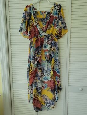 NY Collection Yellow Tropical Print Wrap-Style Blouse